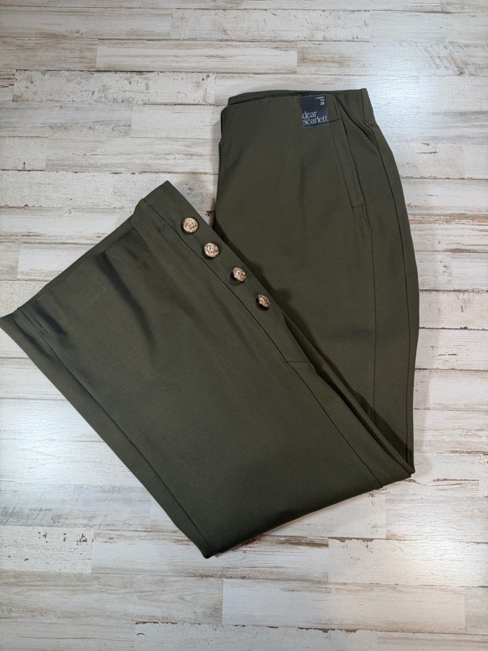 dear Scarlett Olive Wide-Leg Pants with Decorative Buttons
